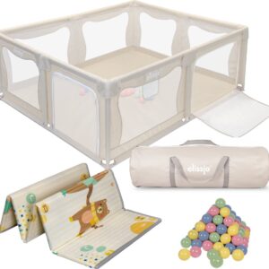 Elissio® - Grondbox Baby – Inclusief Dubbelzijdige Speelmat – Baby Speelbox met 50x Speelballen - Kinderbox - Playpen - 180x150 CM - Beige