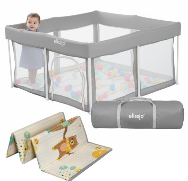Elissio® - Grondbox Baby - Inklapbare Speelbox met Dubbelzijdige Speelmat - Kruipbox - Kinderbox - Playpen Baby - 125x125x65 CM - Grijs