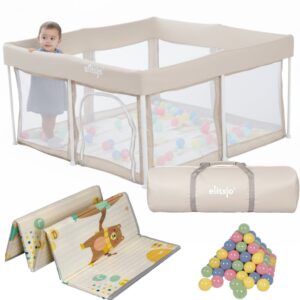 Elissio® - Grondbox Baby - Inklapbare Speelbox met Dubbelzijdige Speelmat & 50 Ballen - Kruipbox - Kinderbox - Playpen Baby - 125x125x65 CM - Beige