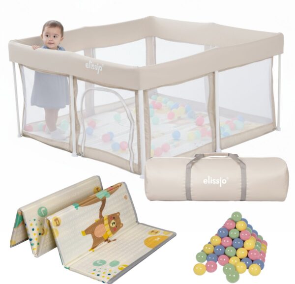 Elissio® - Grondbox Baby - Inklapbare Speelbox met Dubbelzijdige Speelmat & 50 Ballen - Kruipbox - Kinderbox - Playpen Baby - 125x125x65 CM - Beige