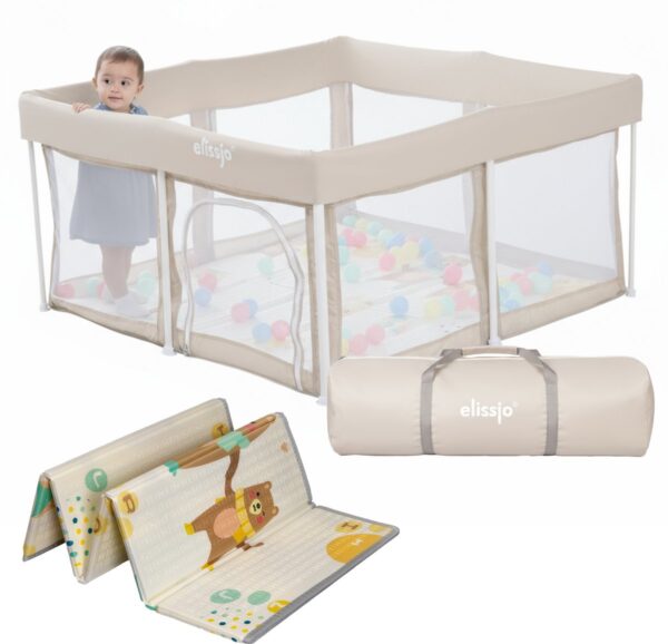 Elissio® - Grondbox Baby - Inklapbare Speelbox met Dubbelzijdige Speelmat - Kruipbox - Kinderbox - Playpen Baby - 125x125x65 CM - Beige