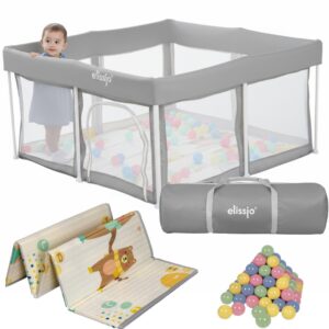 Elissio® - Grondbox Baby - Inklapbare Speelbox met Dubbelzijdige Speelmat & 50 Ballen - Kruipbox - Kinderbox - Playpen Baby - 125x125x65 CM - Grijs