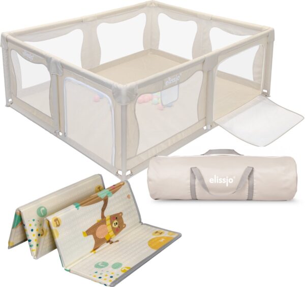 Elissio® - Grondbox – Inclusief Dubbelzijdige Speelmat – Baby Speelbox - Kinderbox - Playpen - 180x150 CM - Beige