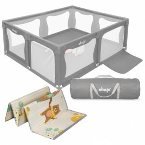 Elissio® - Grondbox – Inclusief Dubbelzijdige Speelmat – Baby Speelbox - Kinderbox - Playpen - 180x150 CM - Grijs