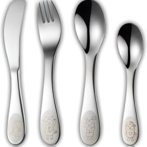 HI NATURE™ Kinderbestek set - Kinder Bestek 4 Delig - Kinderbestekset Zilver - baby bestek - Bestek kinderen - Bestek peuter - Bestekset RVS - Zilverwit Edelstaal 18/10